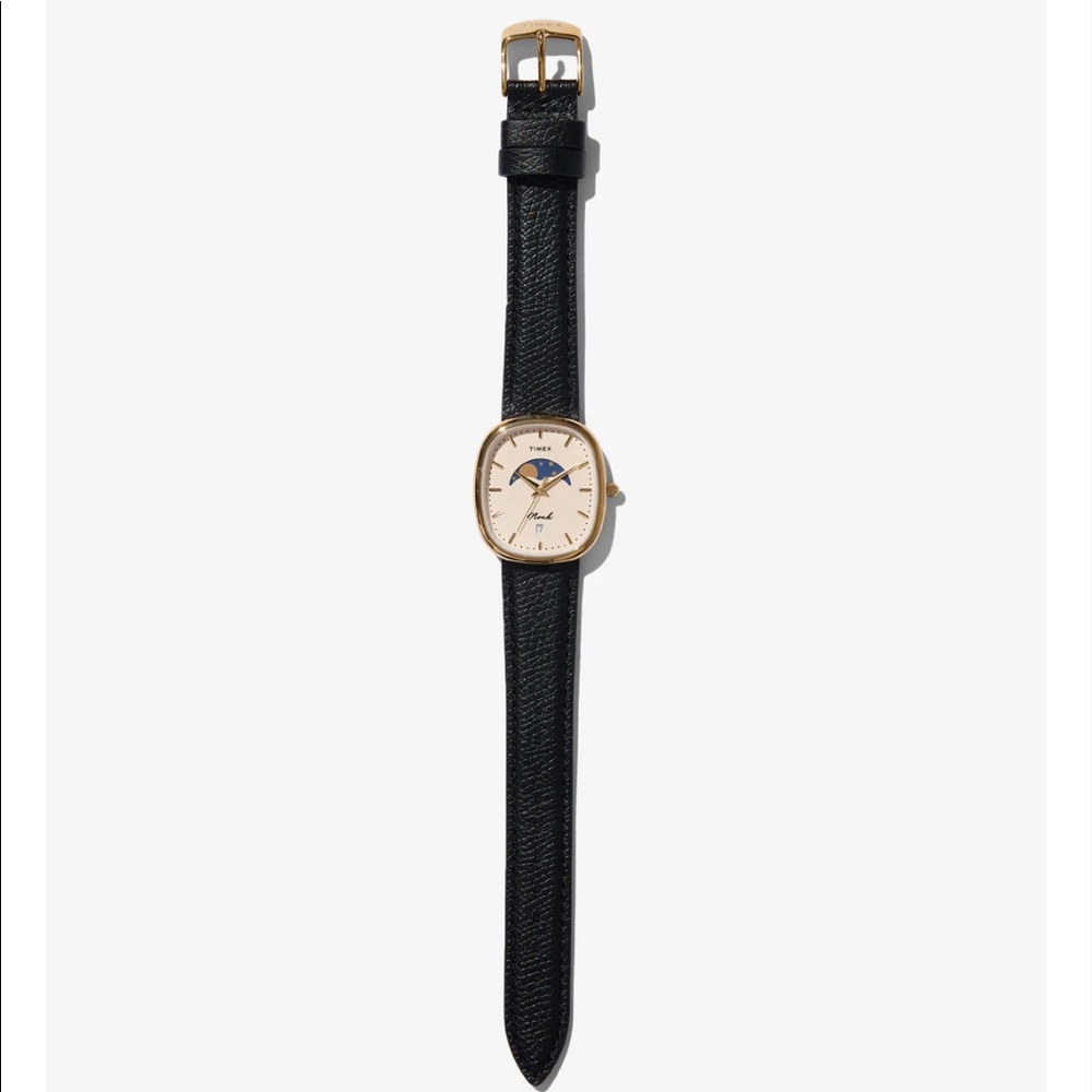 Noah X Timex Moon Phase Watch. Gold Watch, Black Leather Strap. Date Window